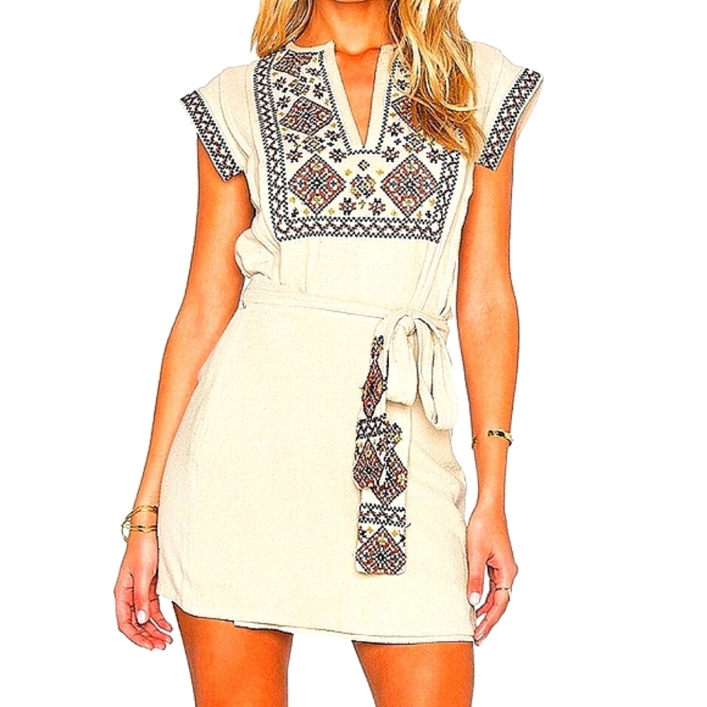 Free People Running Wild Tan Embroidered Wrap Dress